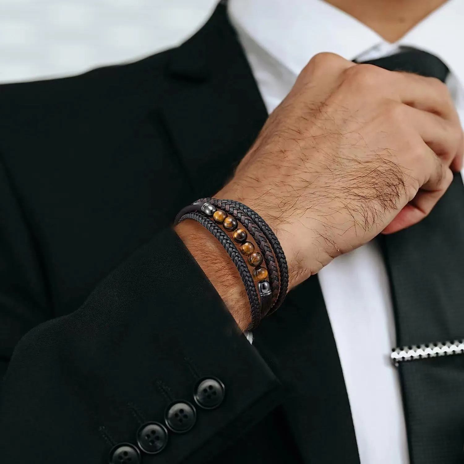 Gkmamrg Bracciale da uomo in pelle nera con cinturino in pelle Braccialetto intrecciata, in vera pelle intrecciata 22.5cm (Bohémien) - immagine 3