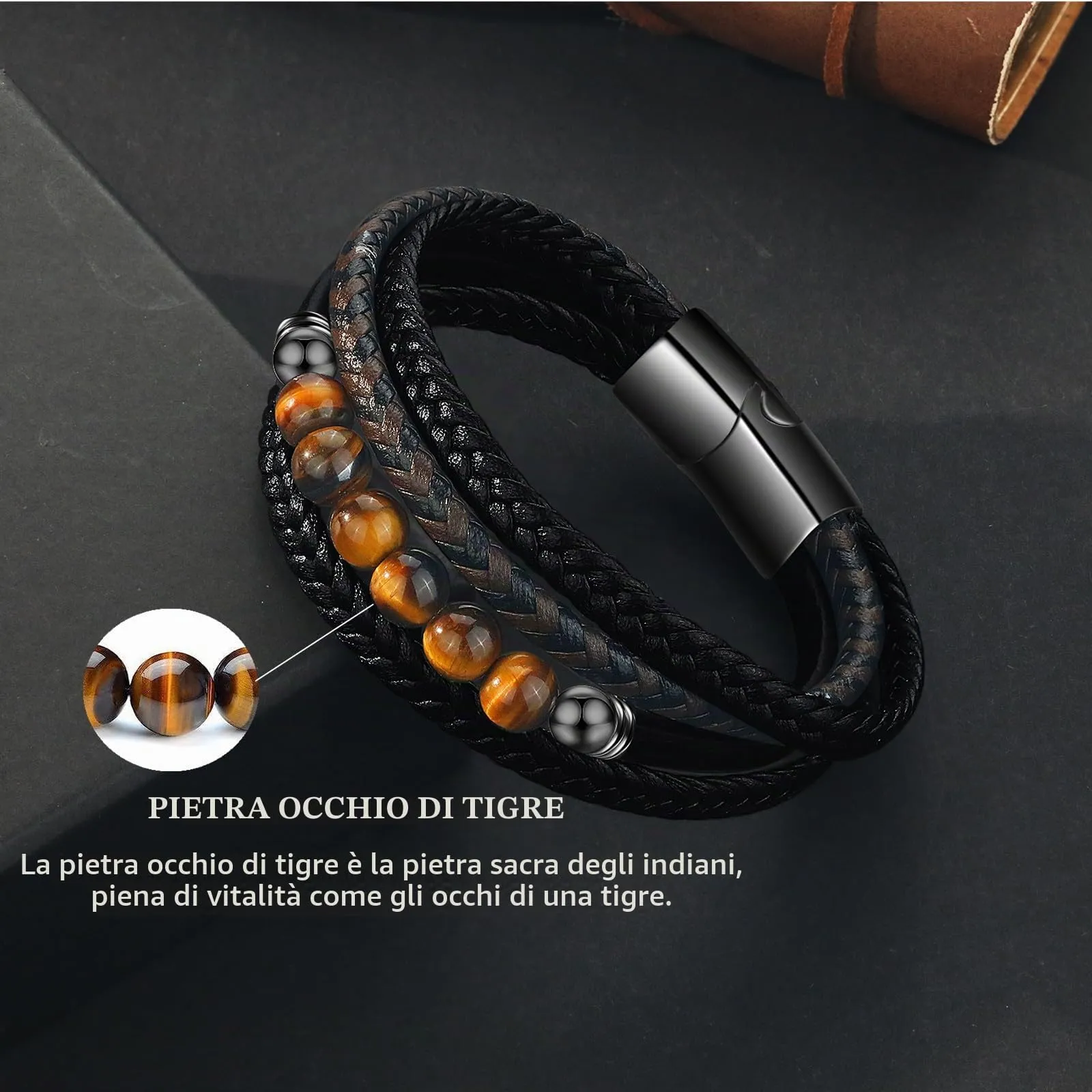 Gkmamrg Bracciale da uomo in pelle nera con cinturino in pelle Braccialetto intrecciata, in vera pelle intrecciata 22.5cm (Bohémien) - immagine 4