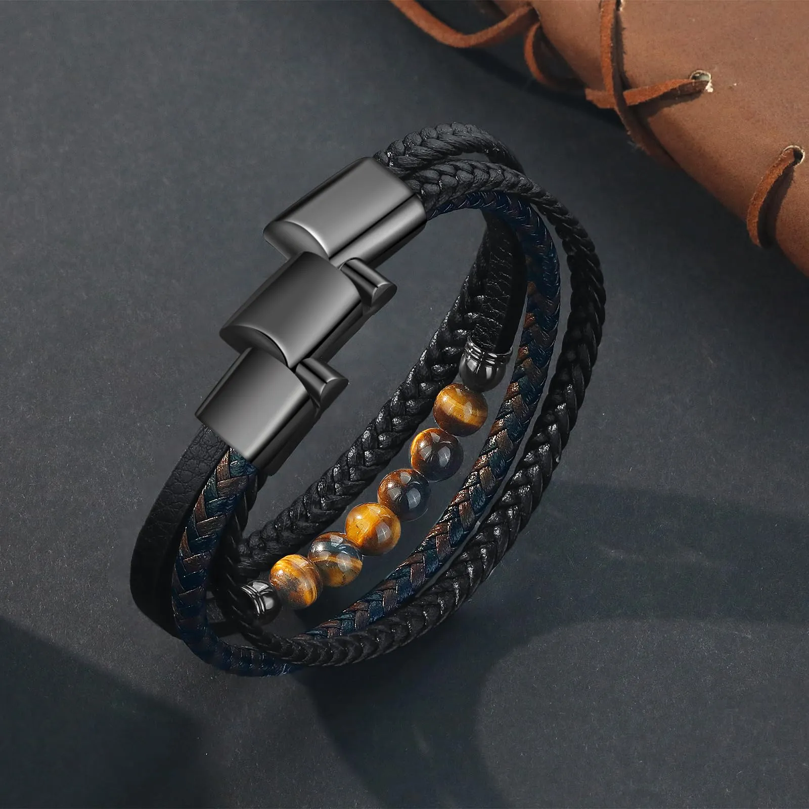 Gkmamrg Bracciale da uomo in pelle nera con cinturino in pelle Braccialetto intrecciata, in vera pelle intrecciata 22.5cm (Bohémien) - immagine 5