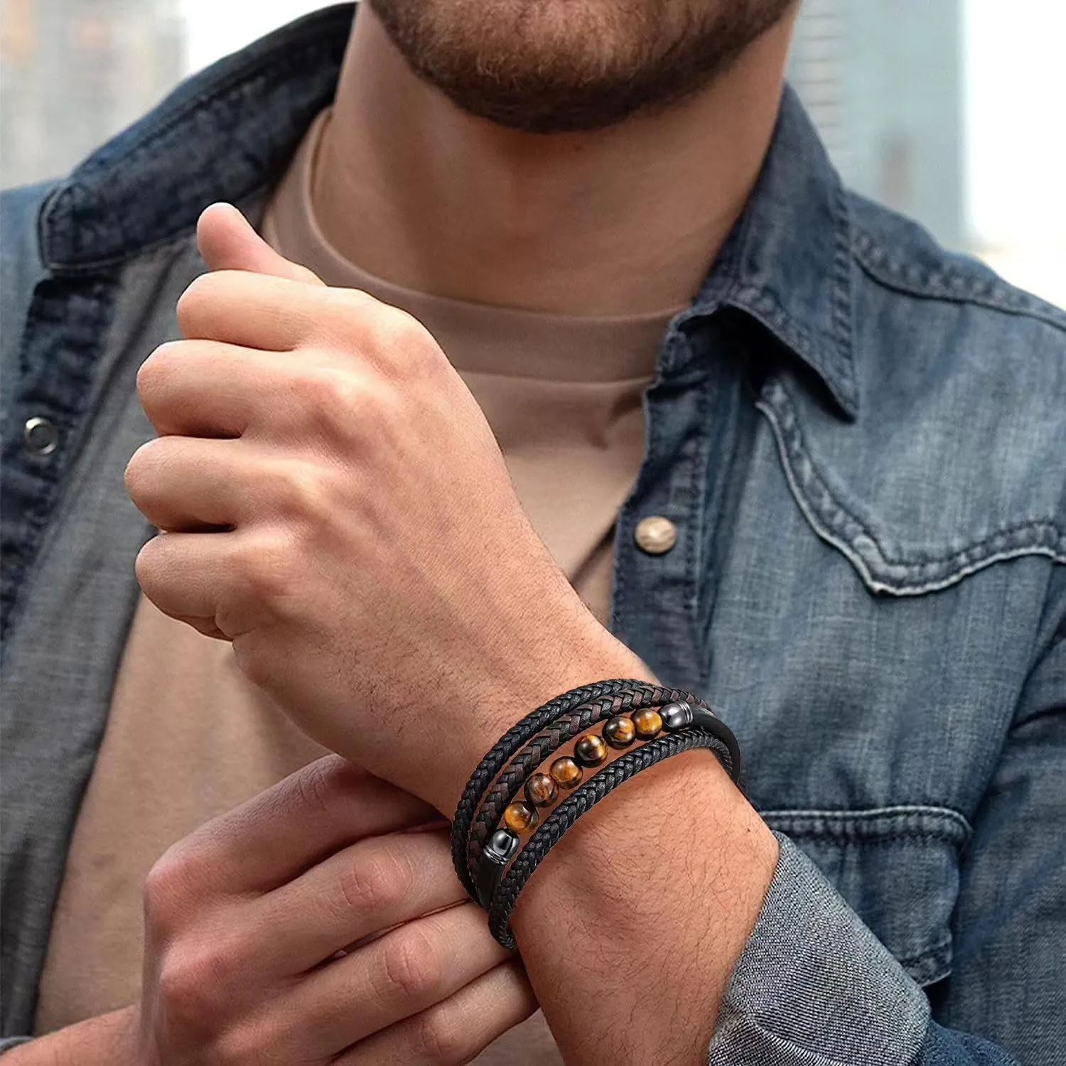 Gkmamrg Bracciale da uomo in pelle nera con cinturino in pelle Braccialetto intrecciata, in vera pelle intrecciata 22.5cm (Bohémien) - immagine 6