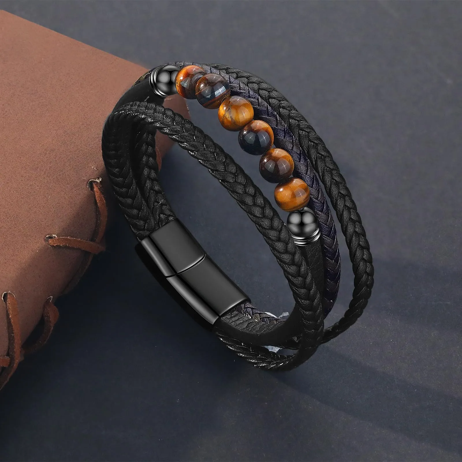 Gkmamrg Bracciale da uomo in pelle nera con cinturino in pelle Braccialetto intrecciata, in vera pelle intrecciata 22.5cm (Bohémien) - immagine 8