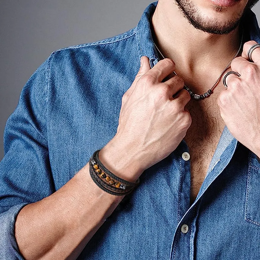 Gkmamrg Bracciale da uomo in pelle nera con cinturino in pelle Braccialetto intrecciata, in vera pelle intrecciata 22.5cm (Bohémien) - immagine 9