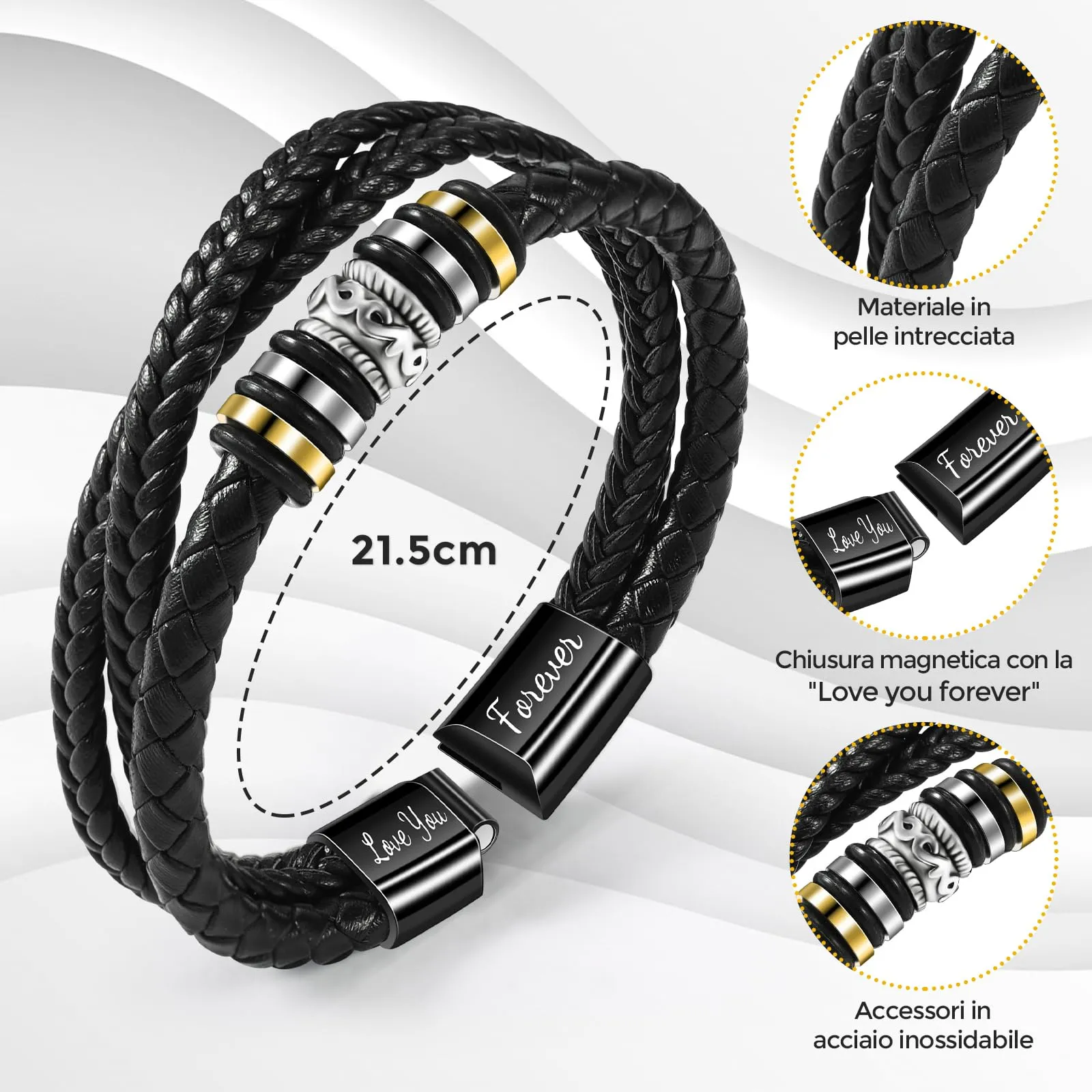 YELUWA Ti Amo per Sempre Bracciale Uomo in Pelle - immagine 2