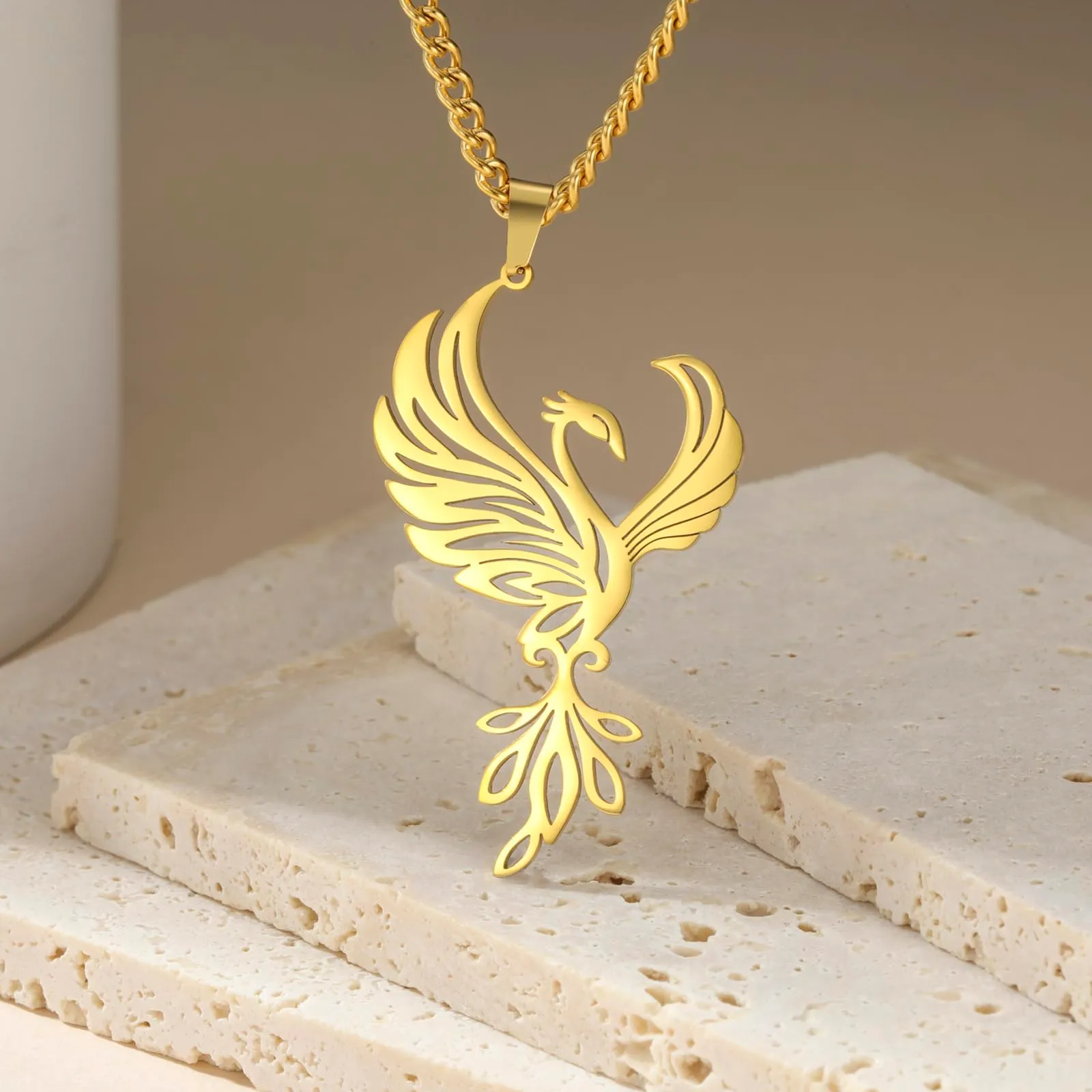 VASSAGO Collana di fenice nascente per donne Collana con ciondolo di uccello di fuoco in acciaio inox per uomini Regali di gioielli alla moda (Collana Fenice Oro) - immagine 3