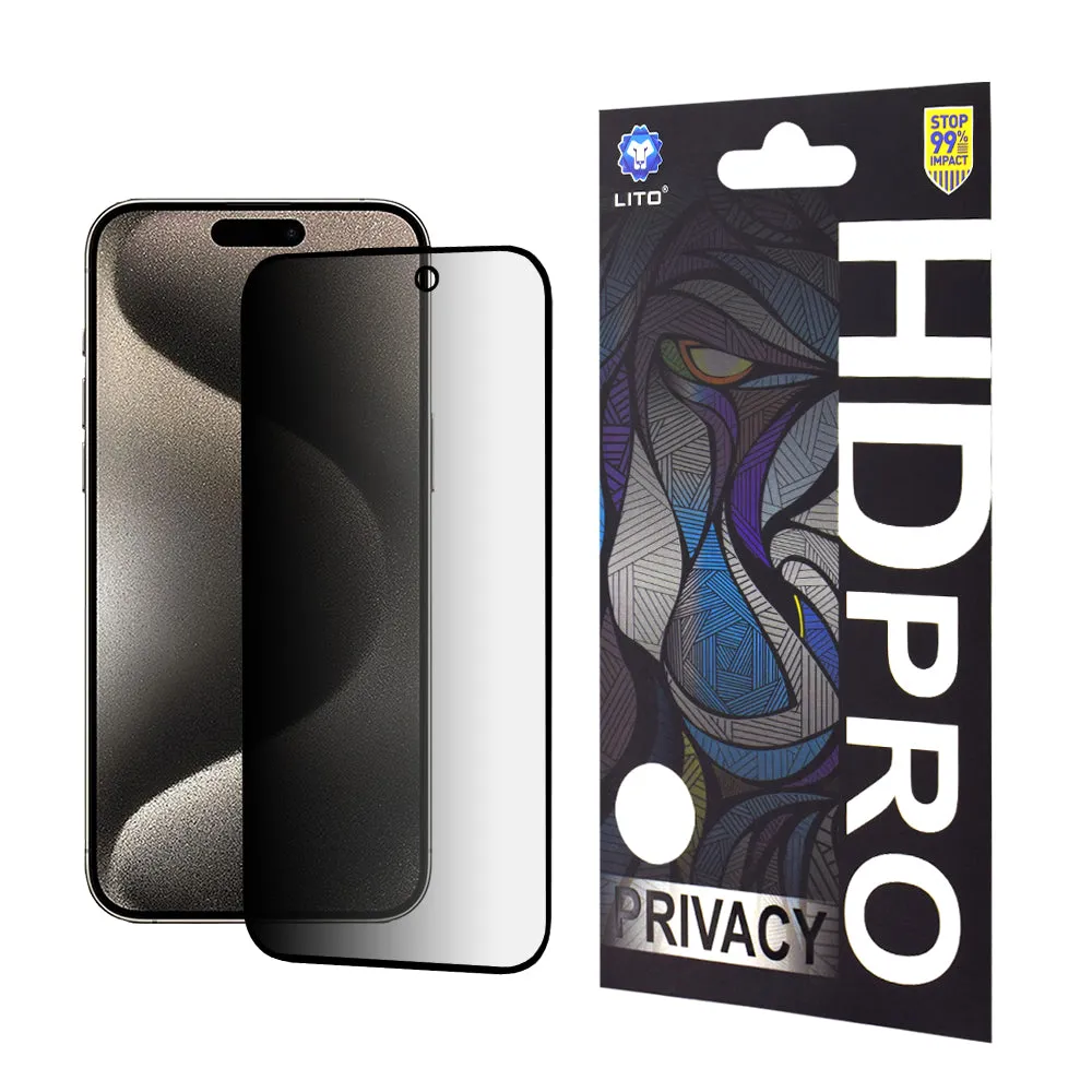 Pellicola protettiva per schermo Privacy Lito HD Pro per Apple iPhone 15 Pro Max, Vetro temperato, Full Glue - immagine 1