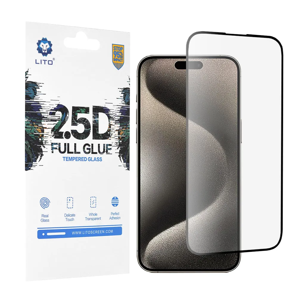 Pellicola protettiva per schermo Lito per Apple iPhone 15 Pro Max, Vetro temperato, Full Glue, 2.5D, Nero - immagine 1