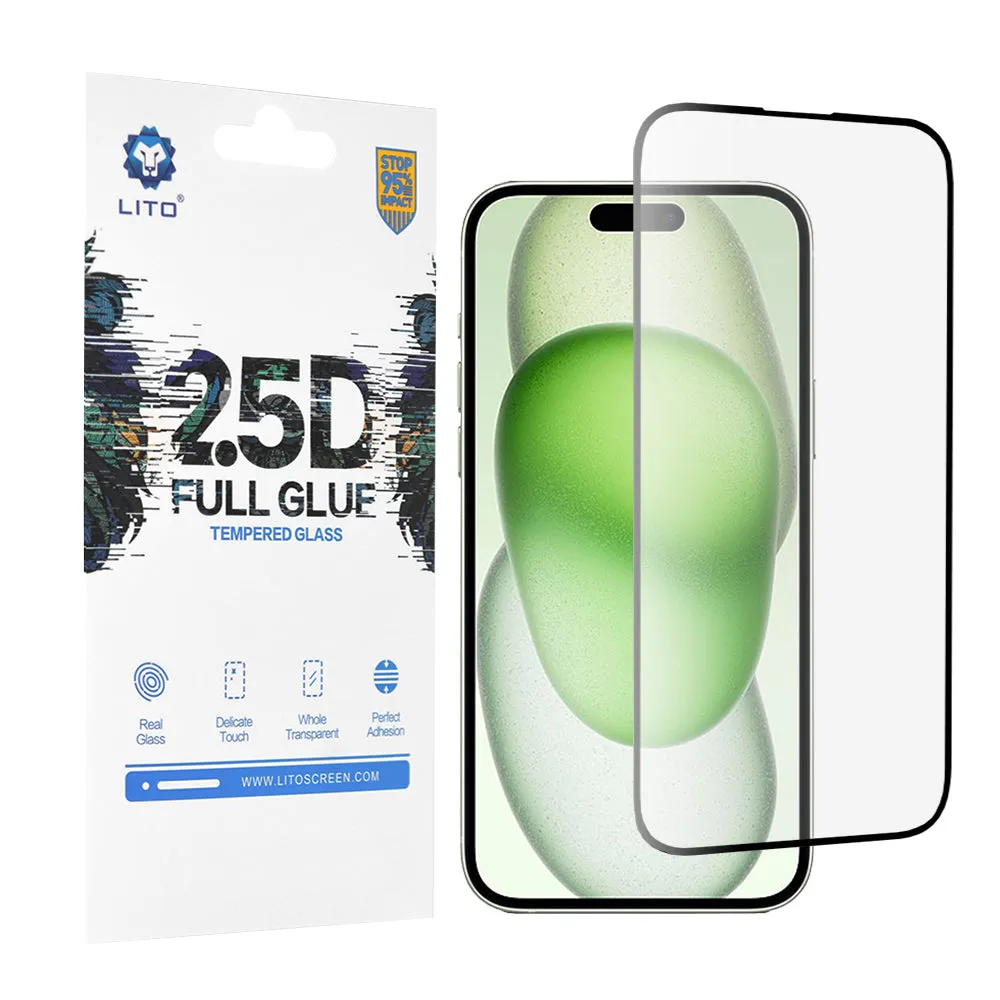 Pellicola protettiva per schermo Lito per Apple iPhone 15 Plus, Vetro temperato, Full Glue, 2.5D, Nero - immagine 1