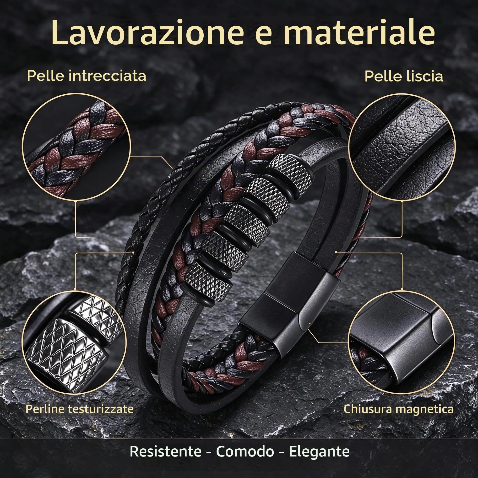 Gkmamrg Bracciale da uomo in pelle nera con cinturino in pelle Braccialetto intrecciata, in vera pelle intrecciata 22.5cm (Minimal) - immagine 3