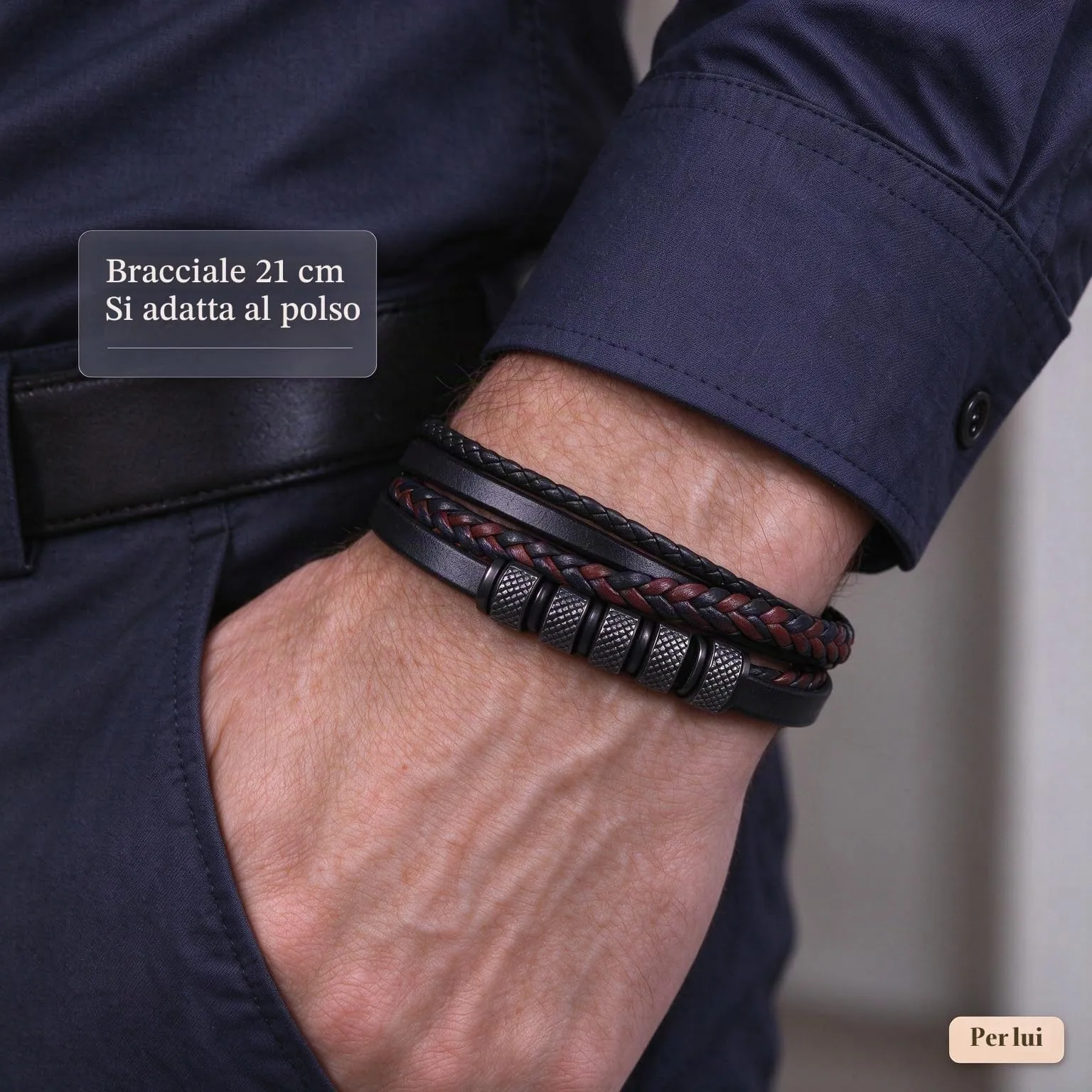 Gkmamrg Bracciale da uomo in pelle nera con cinturino in pelle Braccialetto intrecciata, in vera pelle intrecciata 22.5cm (Minimal) - immagine 4