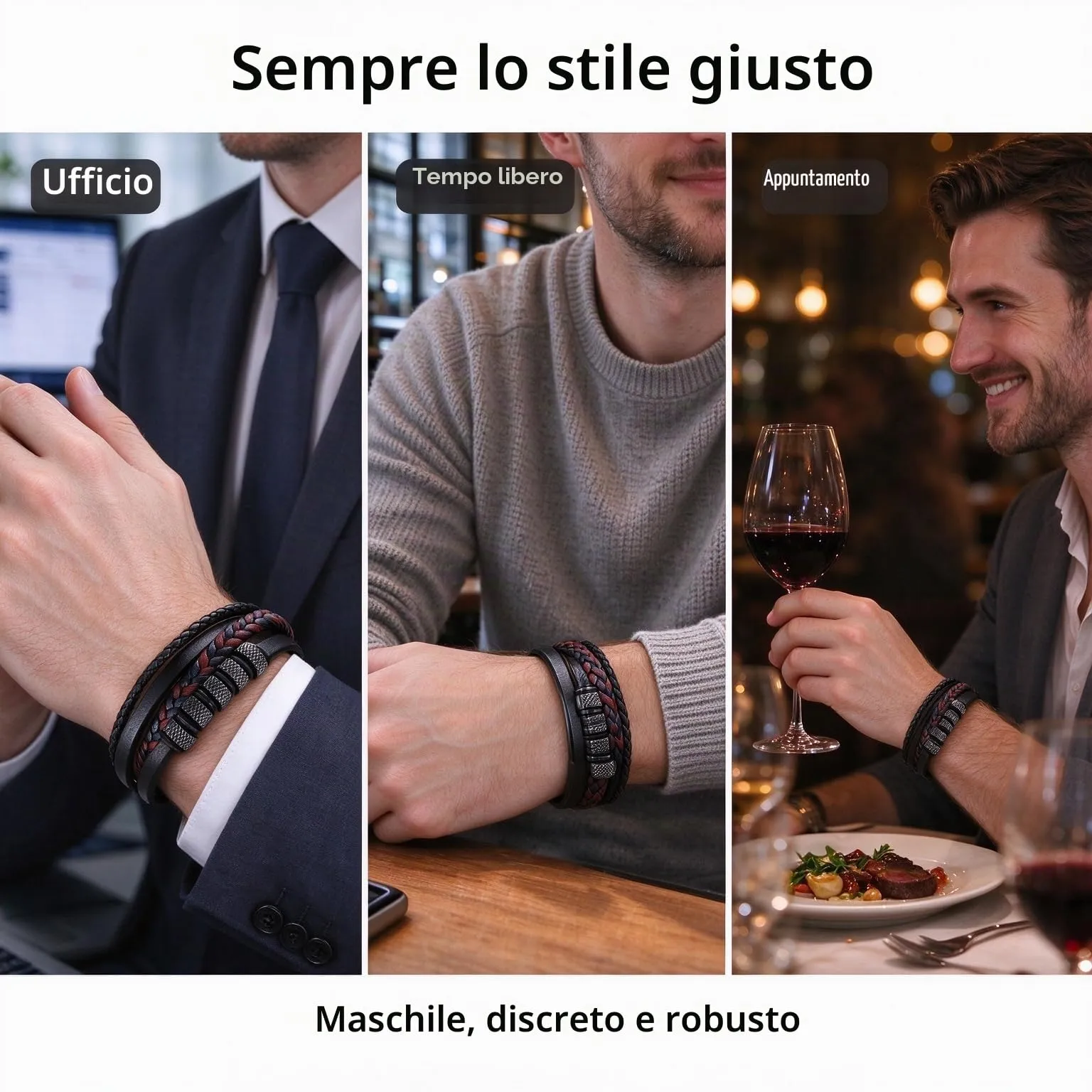 Gkmamrg Bracciale da uomo in pelle nera con cinturino in pelle Braccialetto intrecciata, in vera pelle intrecciata 22.5cm (Minimal) - immagine 5