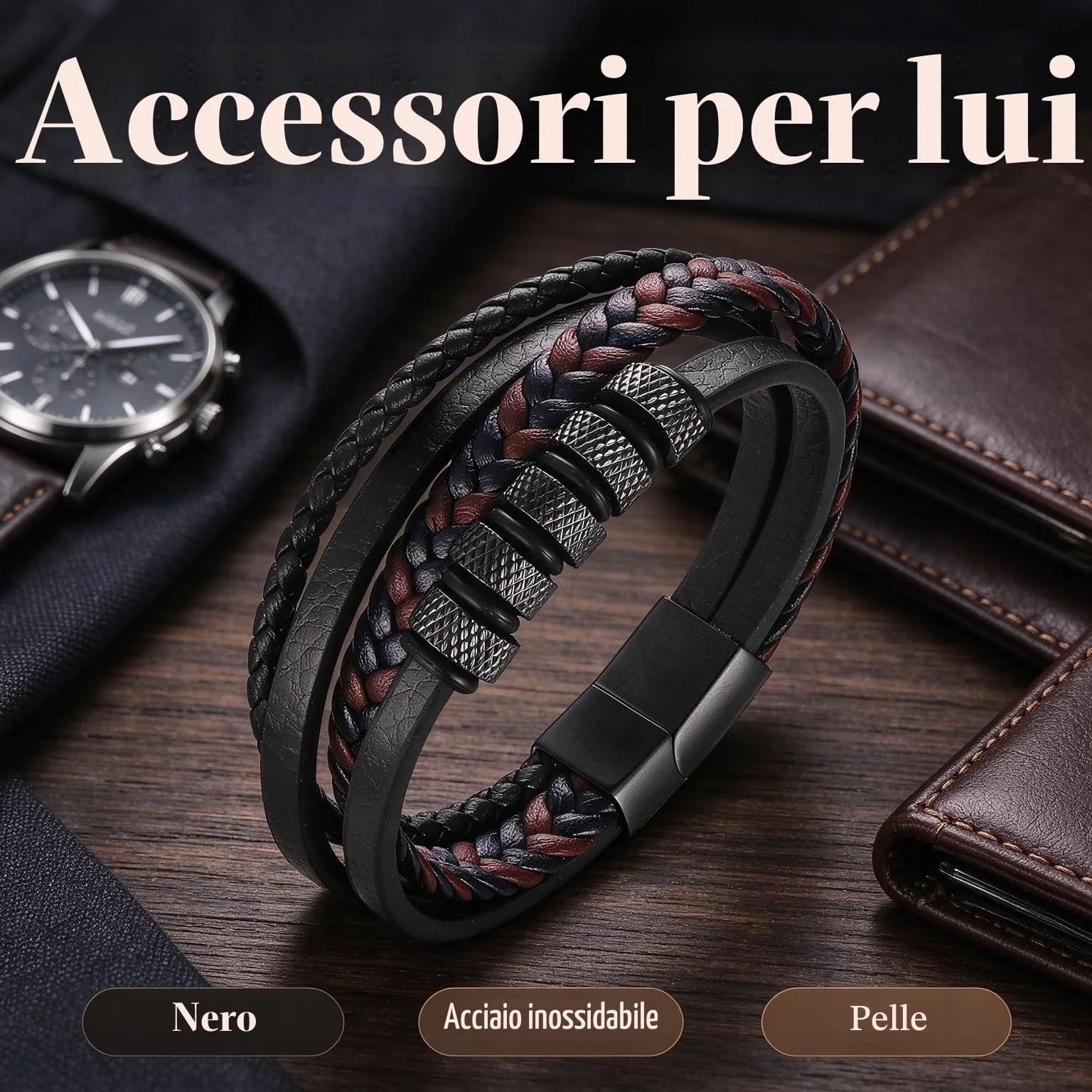 Gkmamrg Bracciale da uomo in pelle nera con cinturino in pelle Braccialetto intrecciata, in vera pelle intrecciata 22.5cm (Minimal) - immagine 7