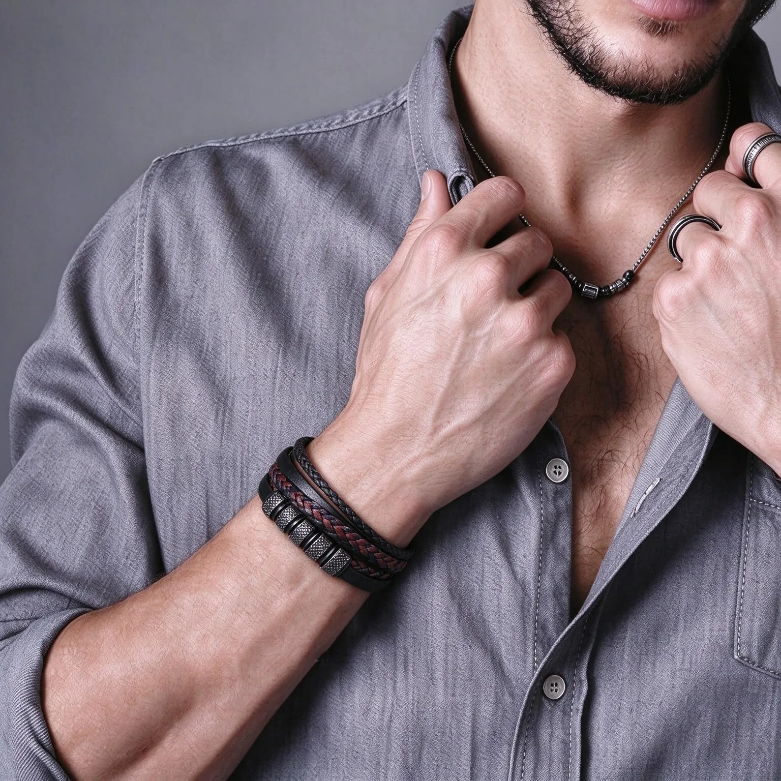 Gkmamrg Bracciale da uomo in pelle nera con cinturino in pelle Braccialetto intrecciata, in vera pelle intrecciata 22.5cm (Minimal) - immagine 8