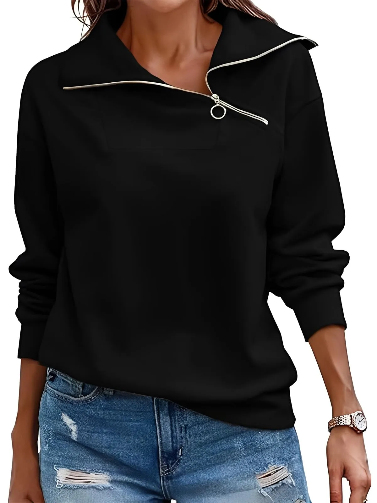 CUPTACC Felpa Donna Mezza Zip Maglia Manica Lunga Pullover Nero L 42-44 - immagine 1