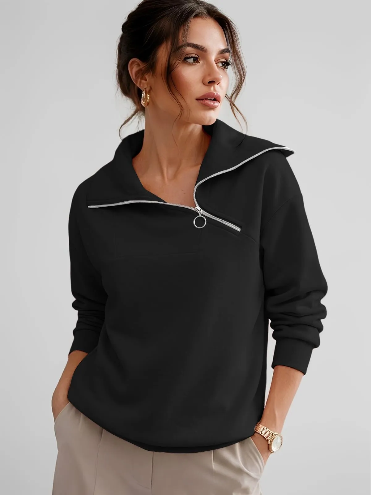 CUPTACC Felpa Donna Mezza Zip Maglia Manica Lunga Pullover Nero L 42-44 - immagine 2