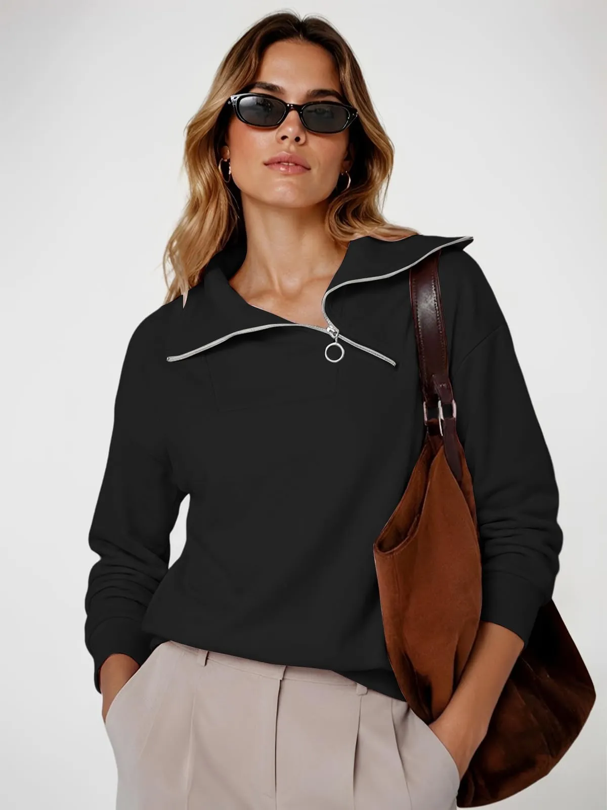 CUPTACC Felpa Donna Mezza Zip Maglia Manica Lunga Pullover Nero L 42-44 - immagine 4