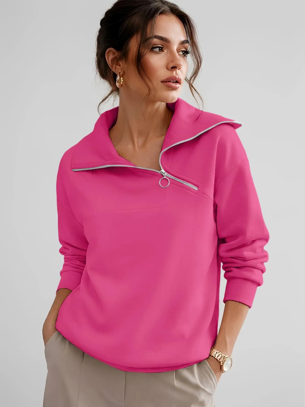 CUPTACC Felpa Donna Mezza Zip Maglia Manica Lunga Rosa Caldo L 42-44 - immagine 2