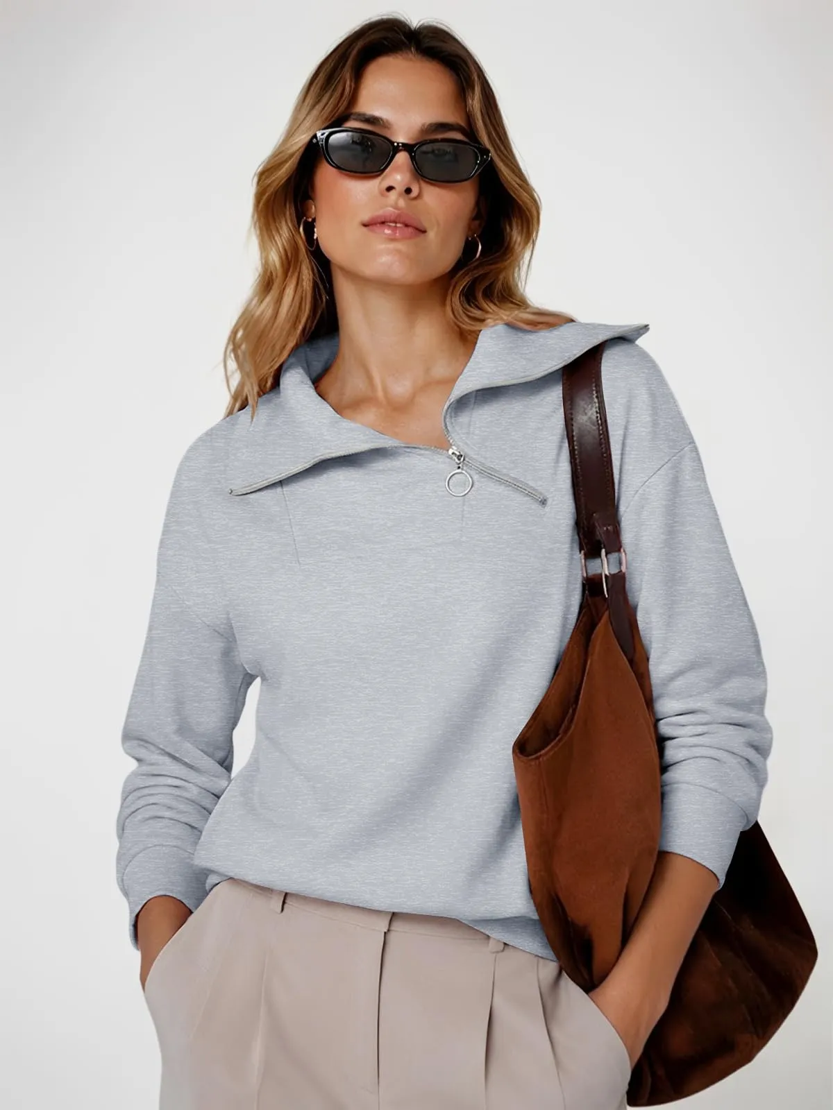 CUPTACC Felpa Donna Mezza Zip Maglia Manica Lunga Pullover Grigio XL 46-48 - immagine 4
