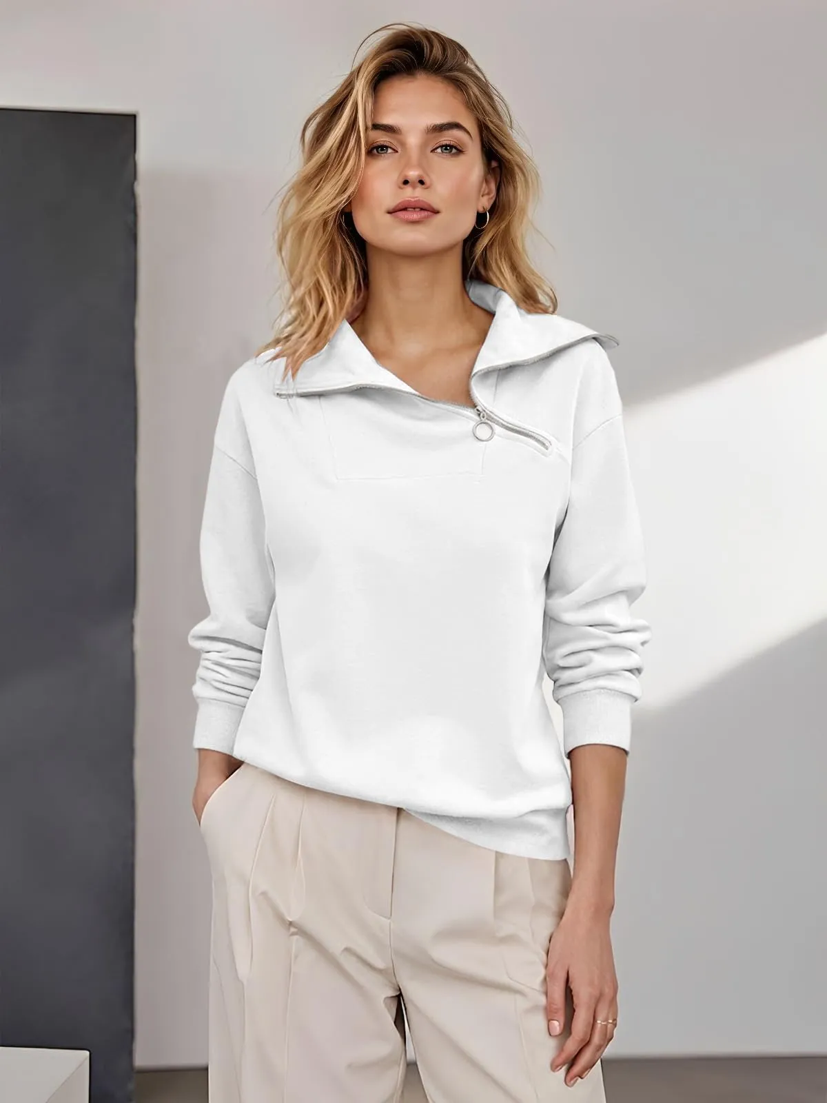 CUPTACC Felpa Donna Con Zip Scollo a V Camicia Autunno Bianco XL 46-48 - immagine 3