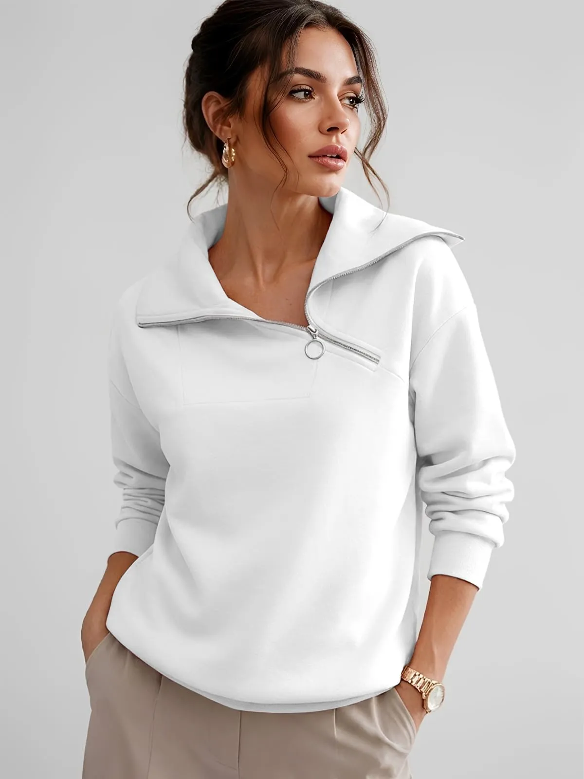 CUPTACC Felpa Donna Mezza Zip Maglia Manica Lunga Pullover Bianco M 38-40 - immagine 2