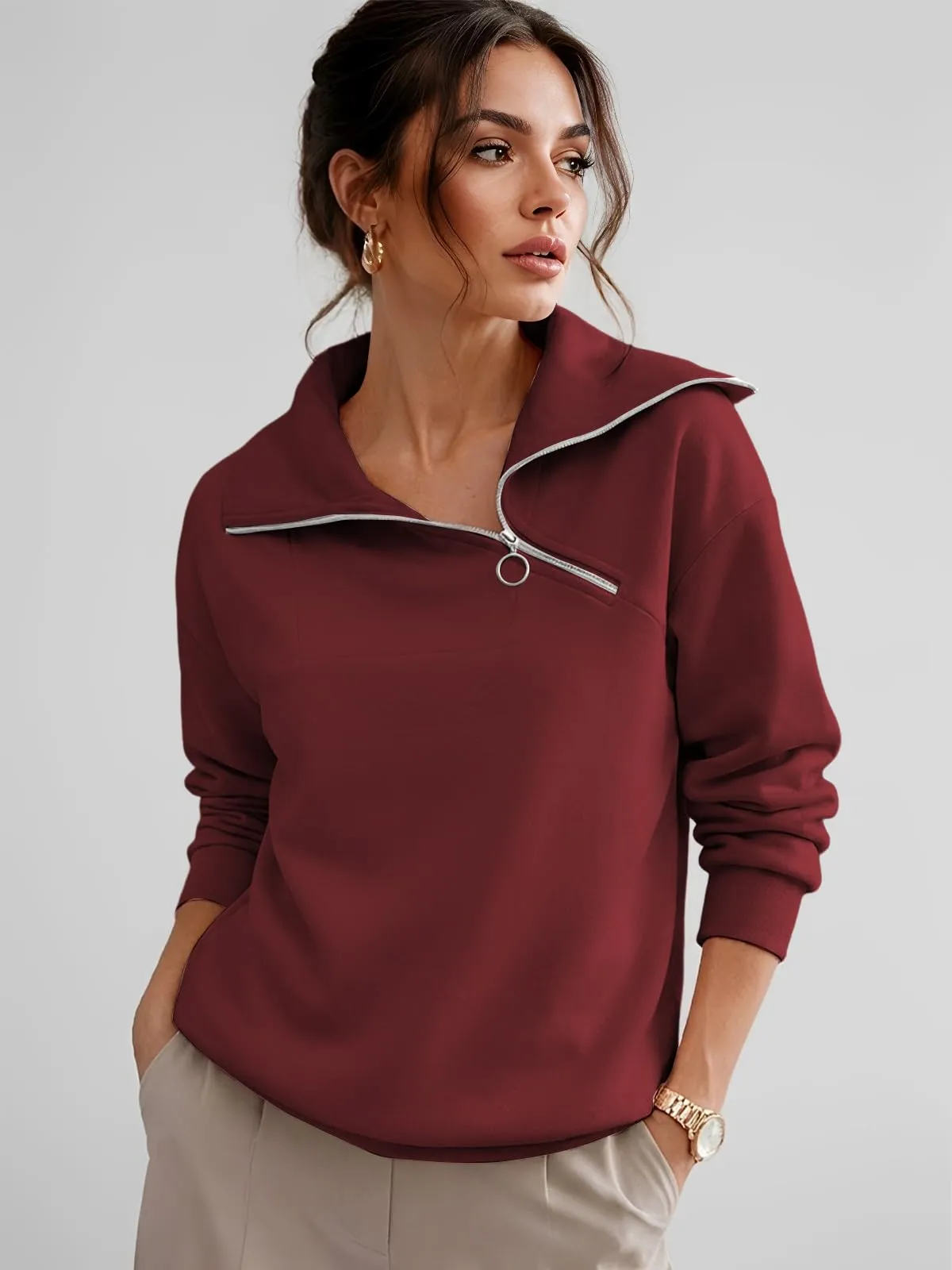 CUPTACC Felpa Donna Mezza Zip Manica Lunga Pullover Borgogna XL 46-48 - immagine 2