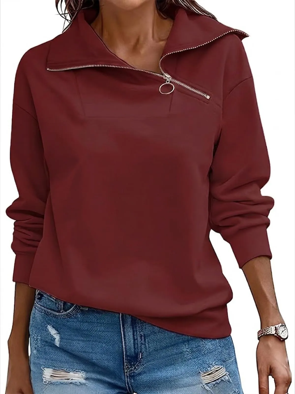 CUPTACC Felpa Donna Mezza Zip Maglia Manica Lunga Pullover Borgogna L 42-44 - immagine 1