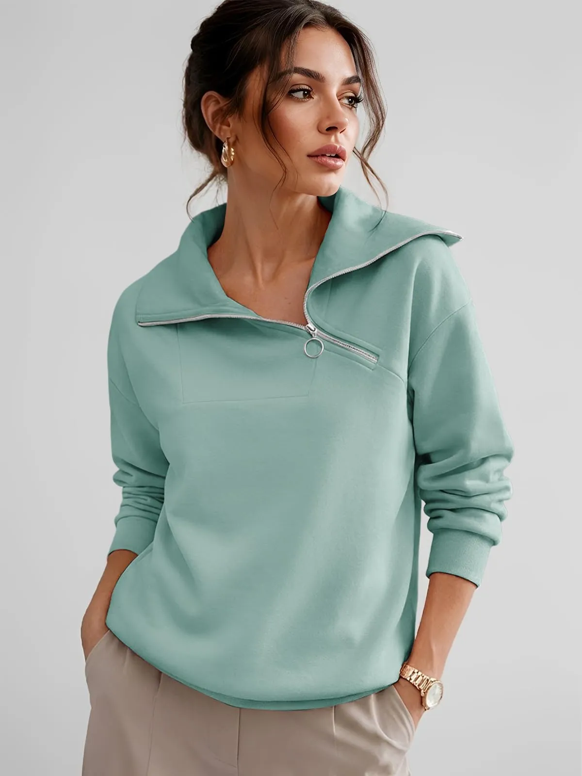 CUPTACC Felpa Donna Invernale High Neck Maglietta Tops Verde M 38-40 - immagine 2
