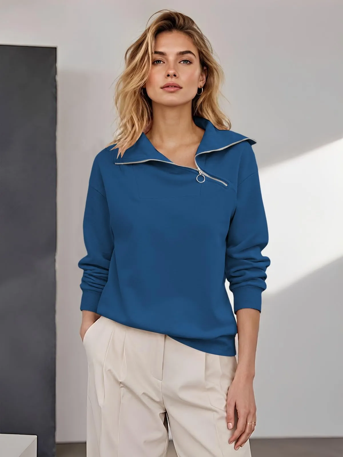 CUPTACC Felpa Donna Con Zip Scollo a V Camicia Autunno Blu S 36 - immagine 3