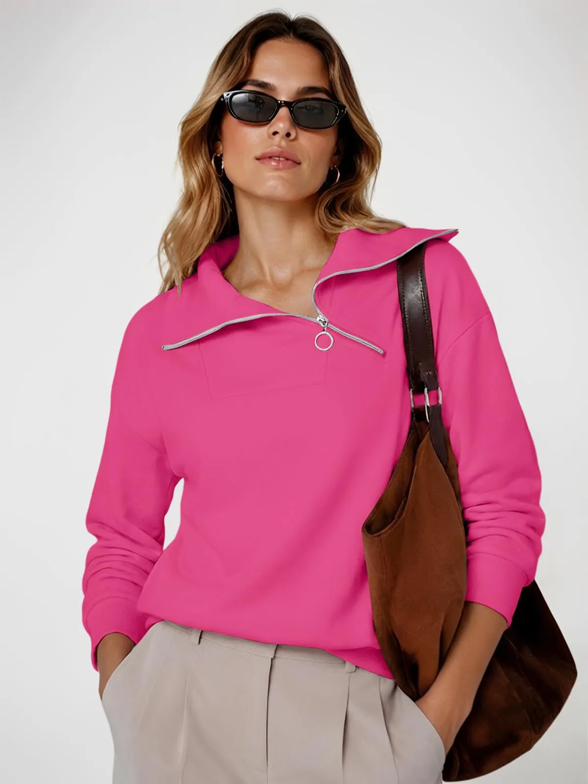 CUPTACC Felpa Donna Con Zip Scollo a V Camicia Autunno Rosa Caldo S 36 - immagine 4