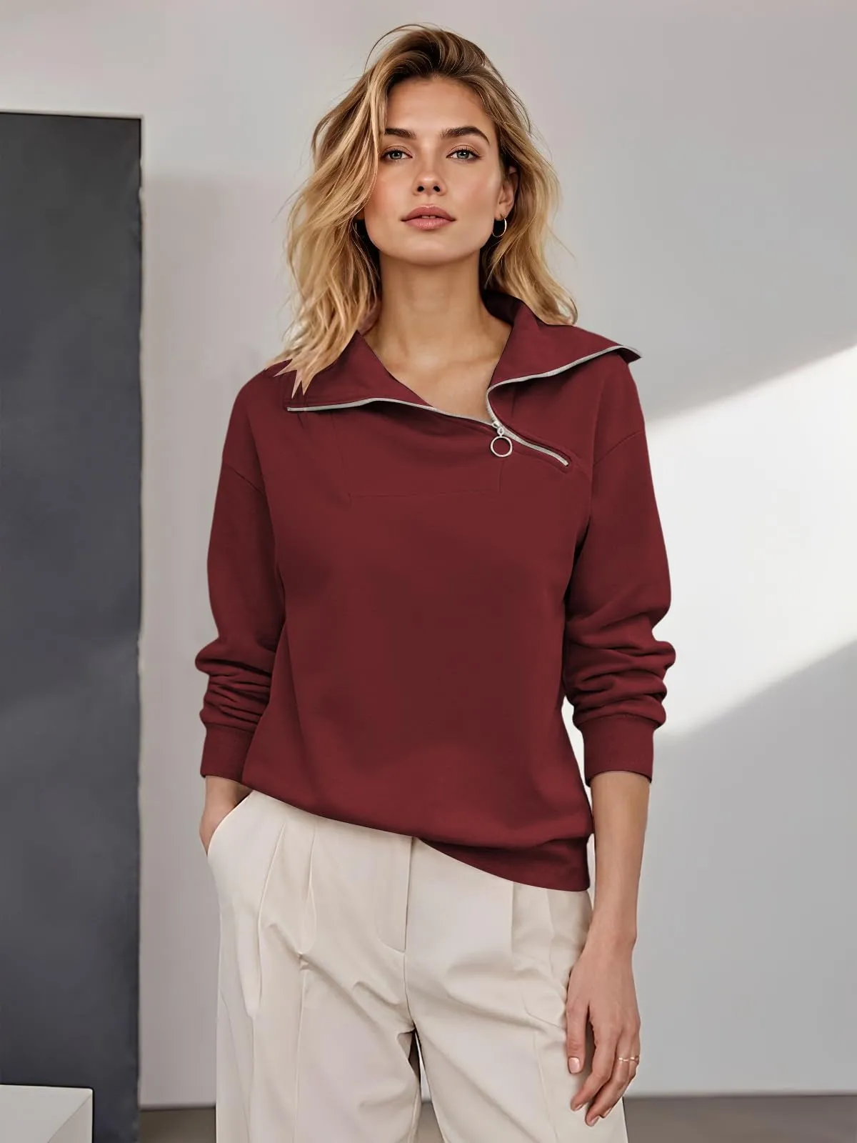 CUPTACC Felpa Donna Con Zip Scollo a V Camicia Autunno Borgogna S 36 - immagine 3