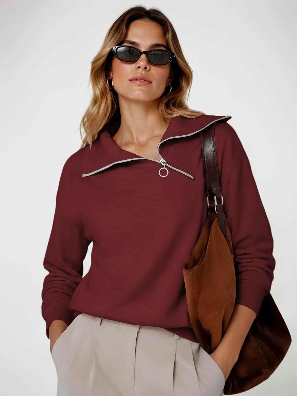 CUPTACC Felpa Donna Con Zip Scollo a V Camicia Autunno Borgogna S 36 - immagine 4