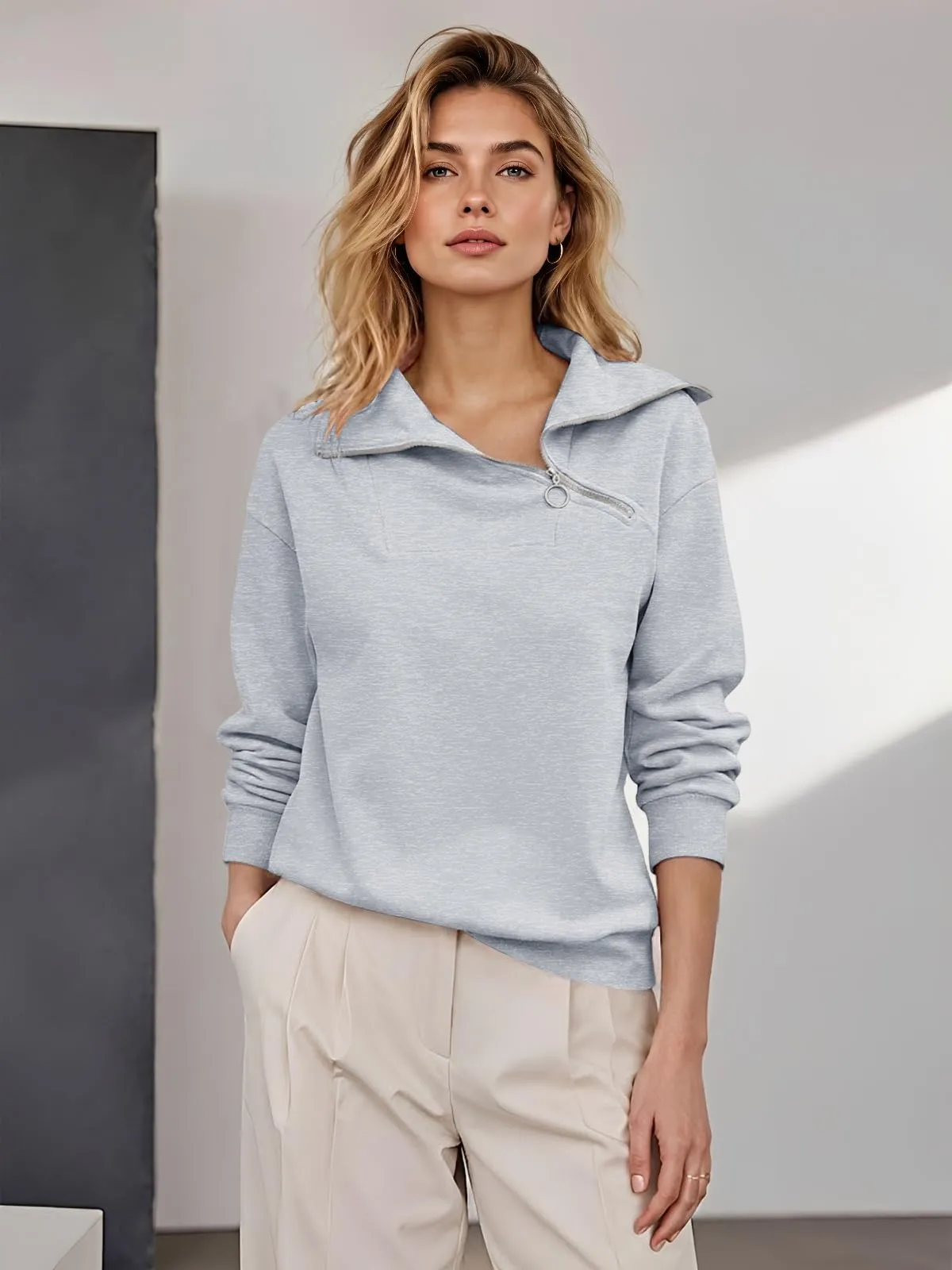 CUPTACC Felpa Donna Con Zip Scollo a V Camicia Autunno Grigio S 36 - immagine 3