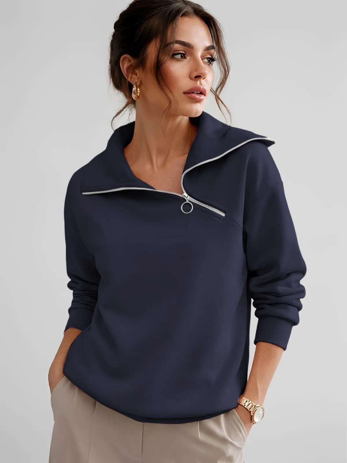 CUPTACC Felpa Donna Con Zip Scollo a V Camicia Autunno Blu Navy XL 46-48 - immagine 2