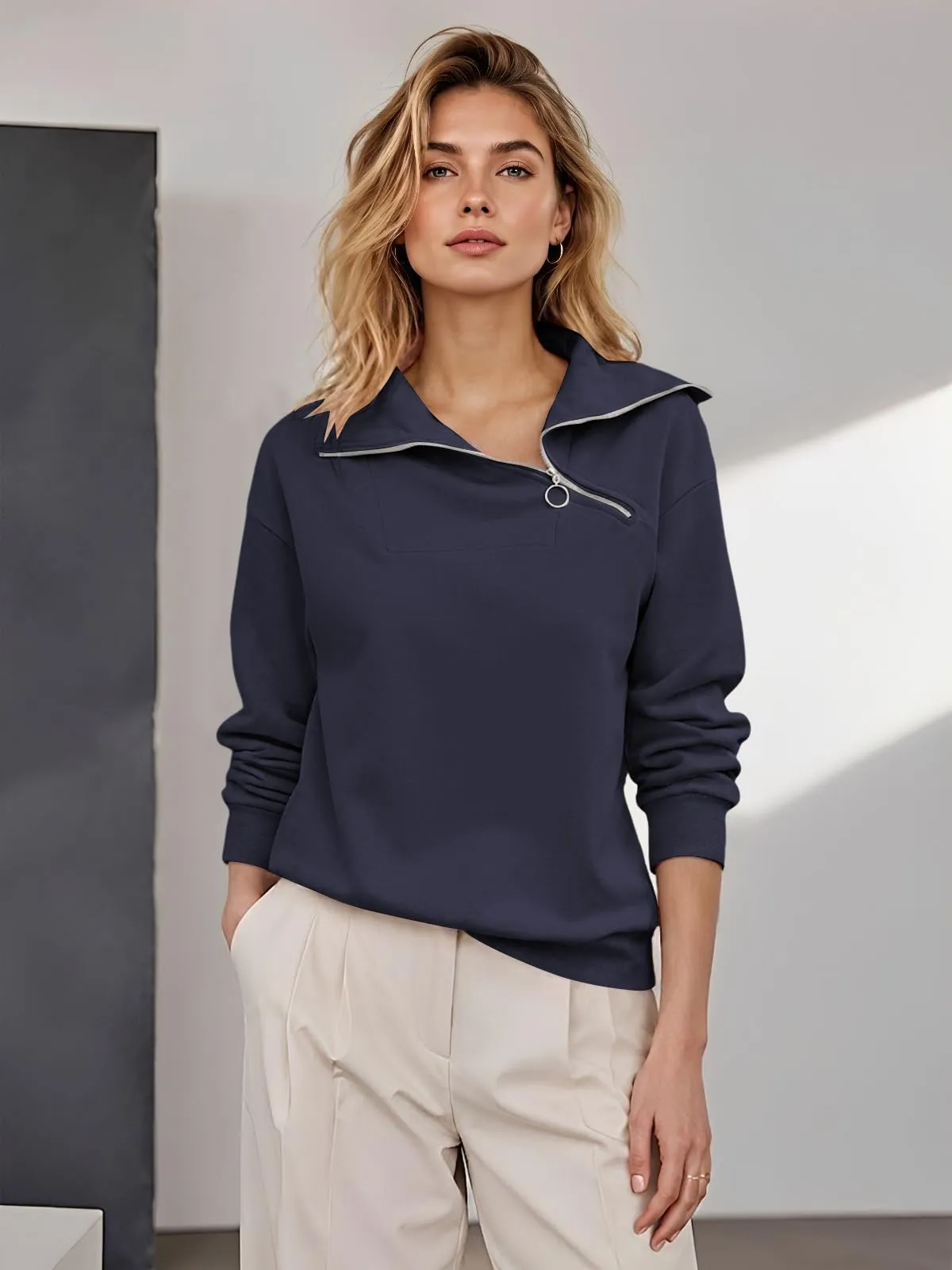 CUPTACC Felpa Donna Con Zip Scollo a V Camicia Autunno Blu Navy XL 46-48 - immagine 3