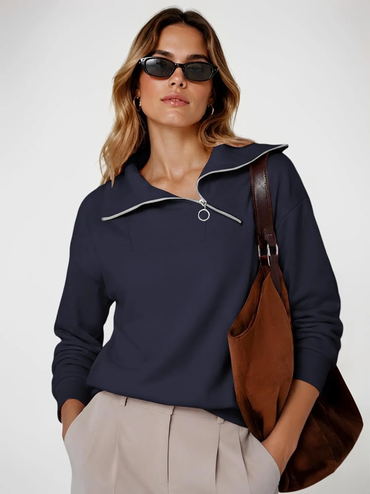 CUPTACC Felpa Donna Mezza Zip Maglia Manica Lunga Pullover Blu Navy M 38-40 - immagine 4