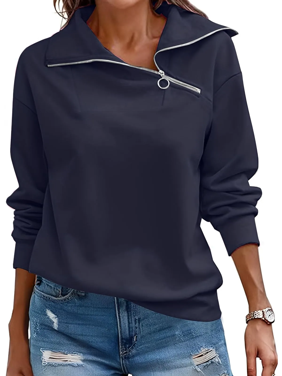 CUPTACC Felpa Donna Mezza Zip Maglia Manica Lunga Pullover Blu Navy XXL 50 - immagine 1