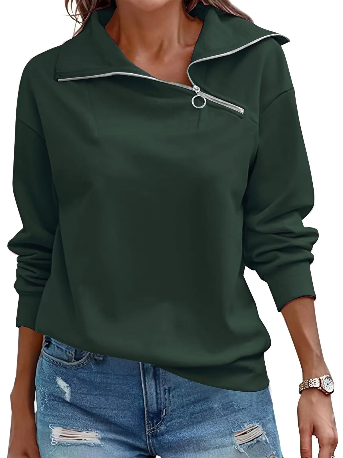 CUPTACC Felpa Donna Mezza Zip Maglia Manica Lunga Verde Scuro L 42-44 - immagine 1