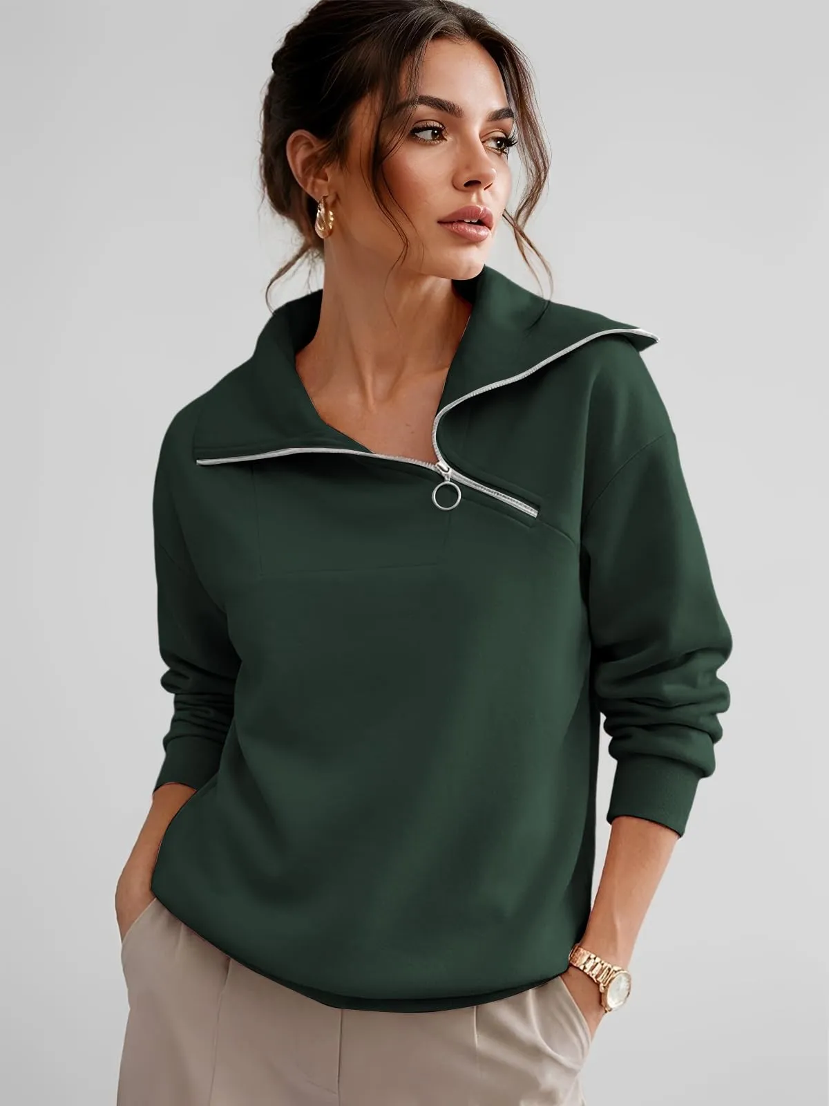 CUPTACC Felpa Donna Mezza Zip Maglia Manica Lunga Verde Scuro L 42-44 - immagine 2