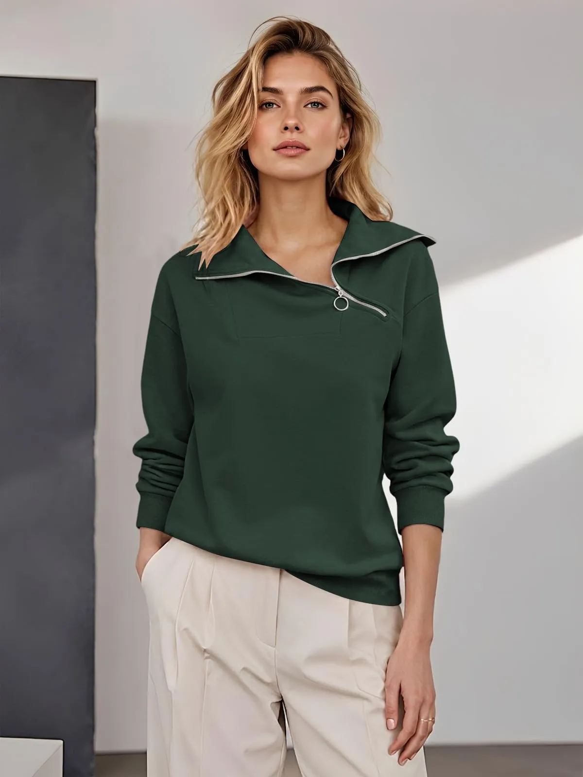 CUPTACC Felpa Donna Mezza Zip Maglia Manica Lunga Verde Scuro L 42-44 - immagine 3