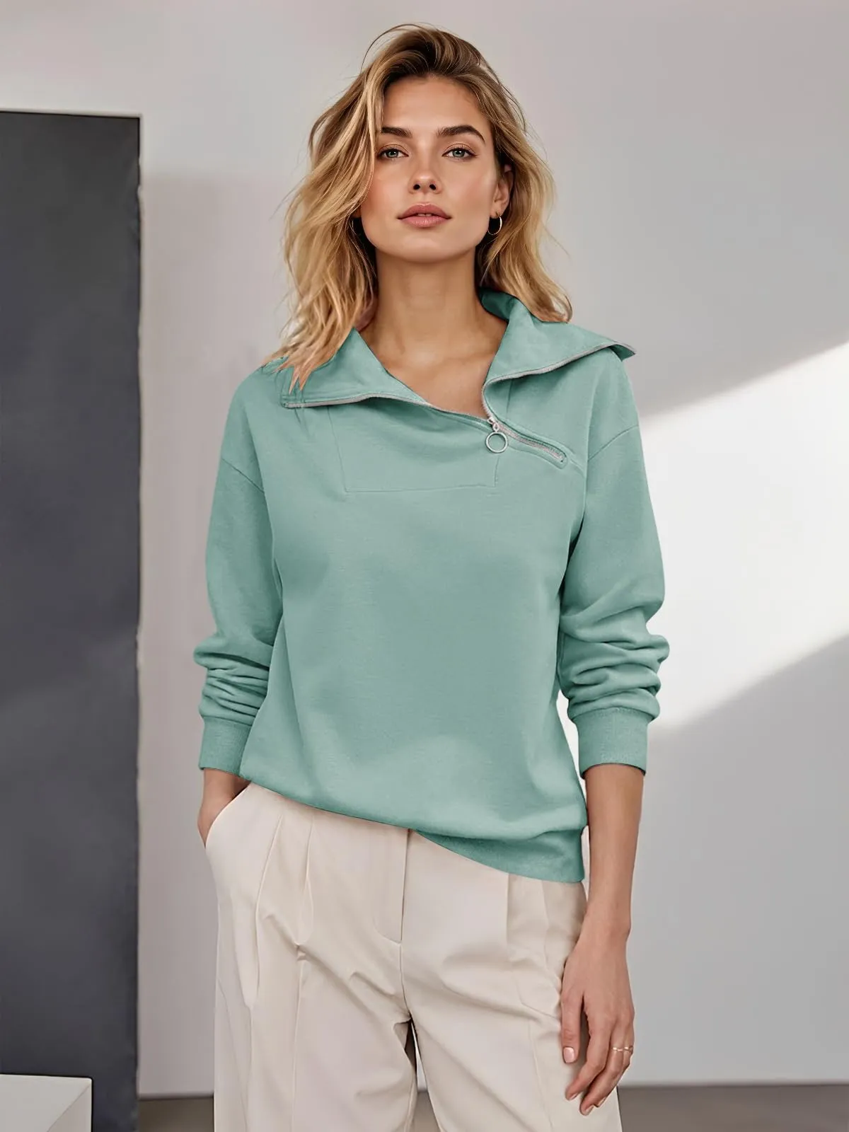 CUPTACC Felpa Donna Con Zip Scollo a V Camicia Autunno Verde S 36 - immagine 3