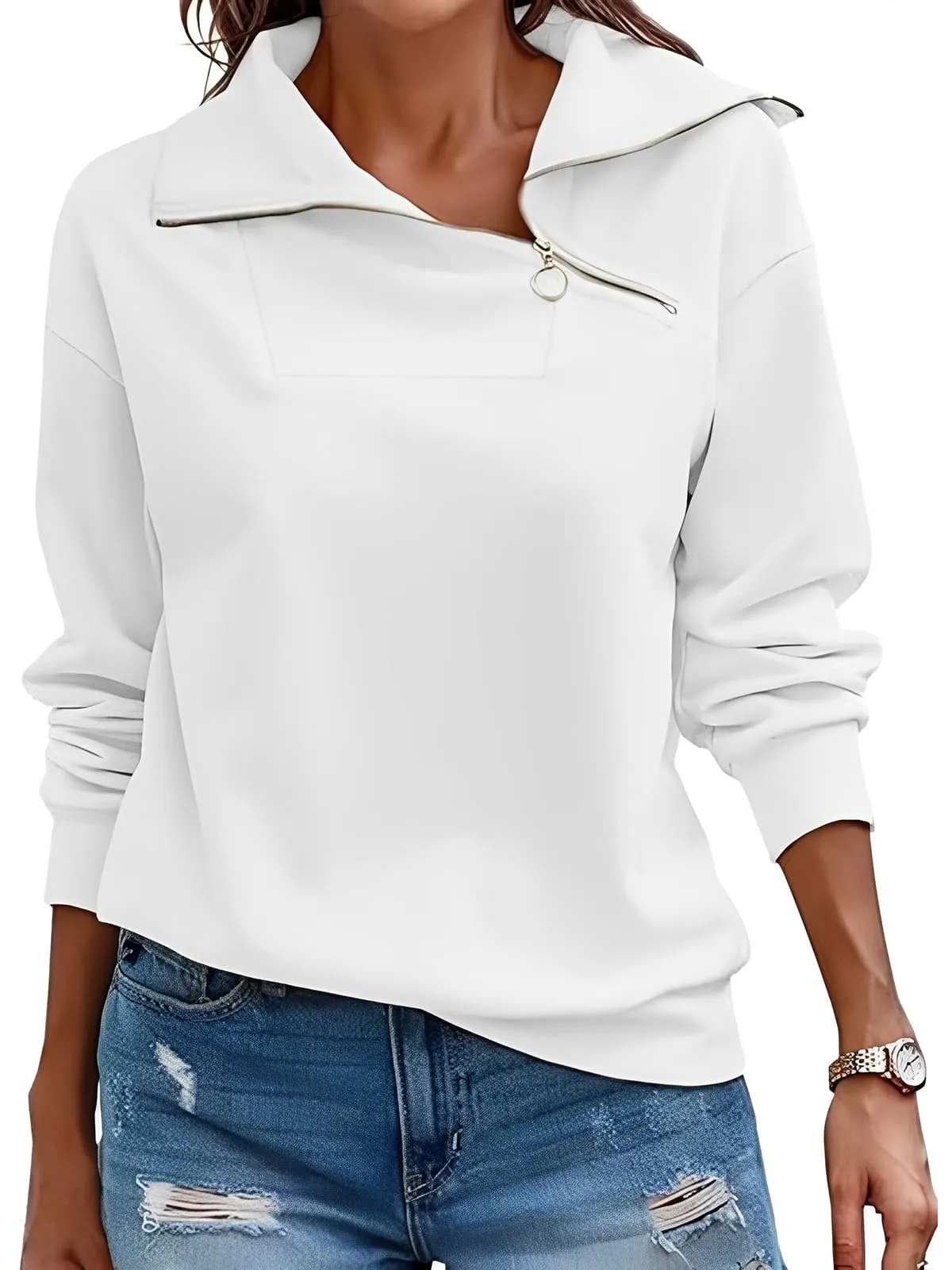 CUPTACC Felpa Donna Con Zip Scollo a V Camicia Autunno Bianco L 42-44 - immagine 1