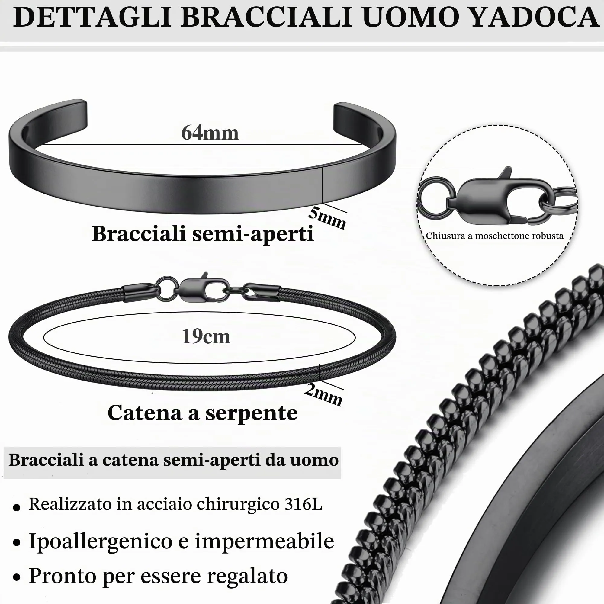 YADOCA Bracciali Uomo a Catena in Acciaio Inossidabile, Set 19 cm - immagine 5
