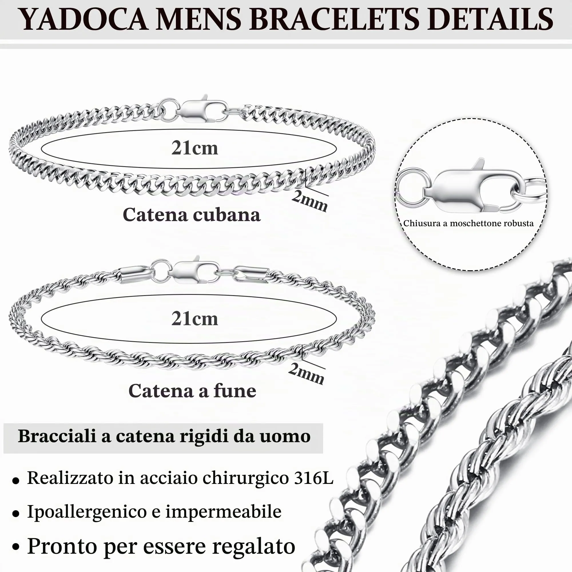 YADOCA Bracciali Uomo a Catena in Acciaio Inossidabile, Set 21 cm - immagine 5