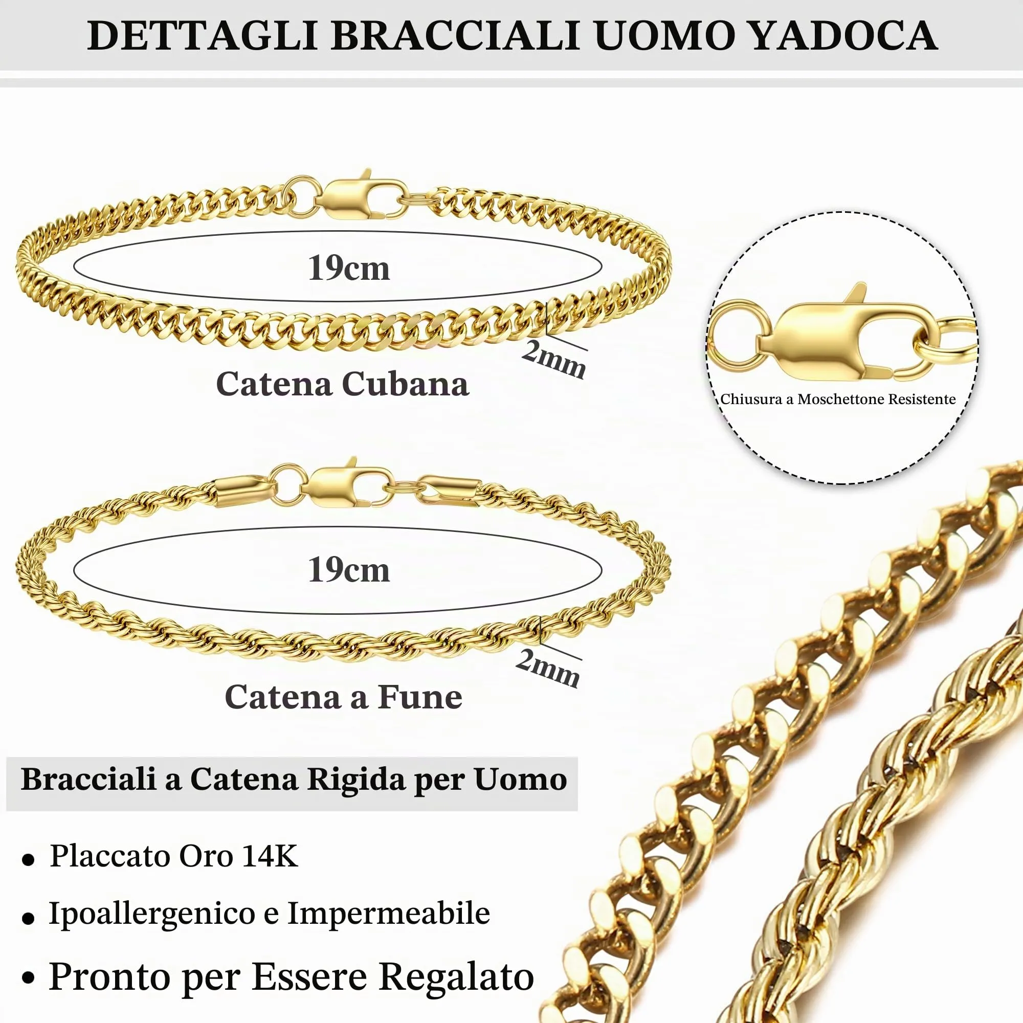 YADOCA Bracciali Uomo a Catena in Acciaio Inossidabile, Set 19 cm - immagine 5
