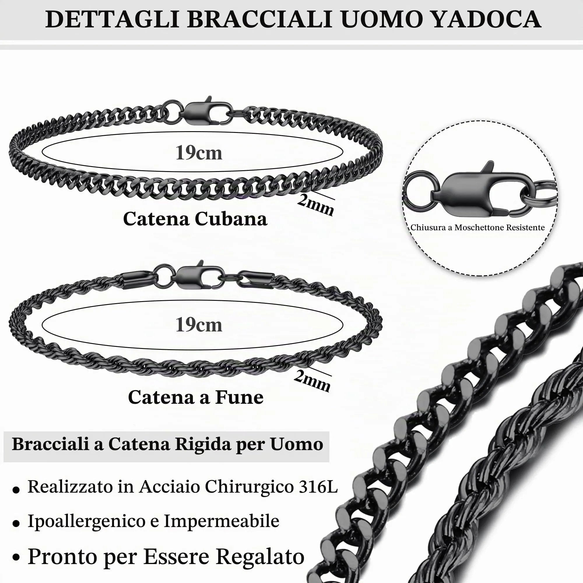 YADOCA Bracciali Uomo a Catena in Acciaio Inossidabile, Set 19 cm - immagine 5