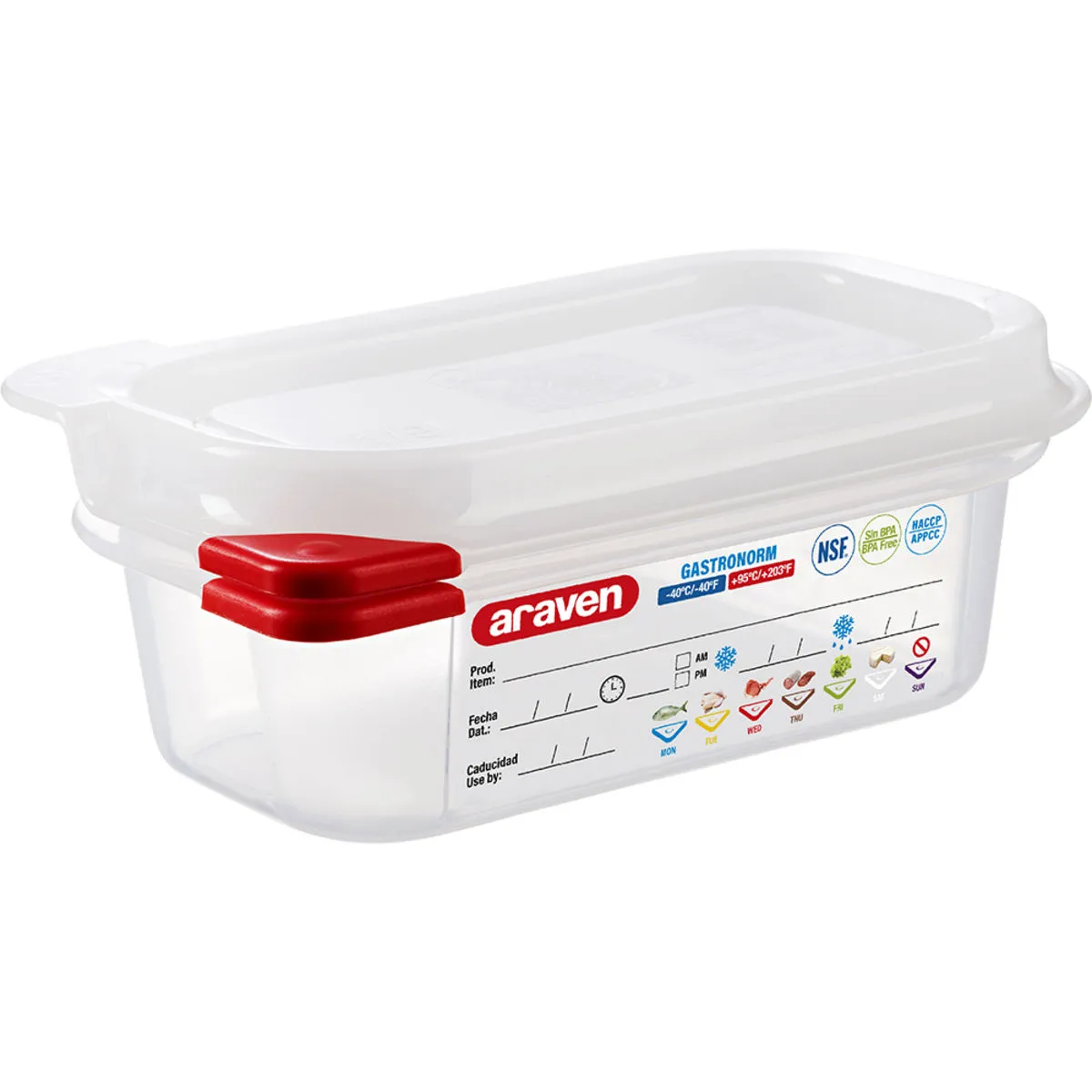 Araven Contenitore gastronorm con coperchio, polipropilene, gastronorm 1/9; GN 1/9, 0.6 l, 17.6x10.8x6.5 cm (LxLxP); trasparente - immagine 1