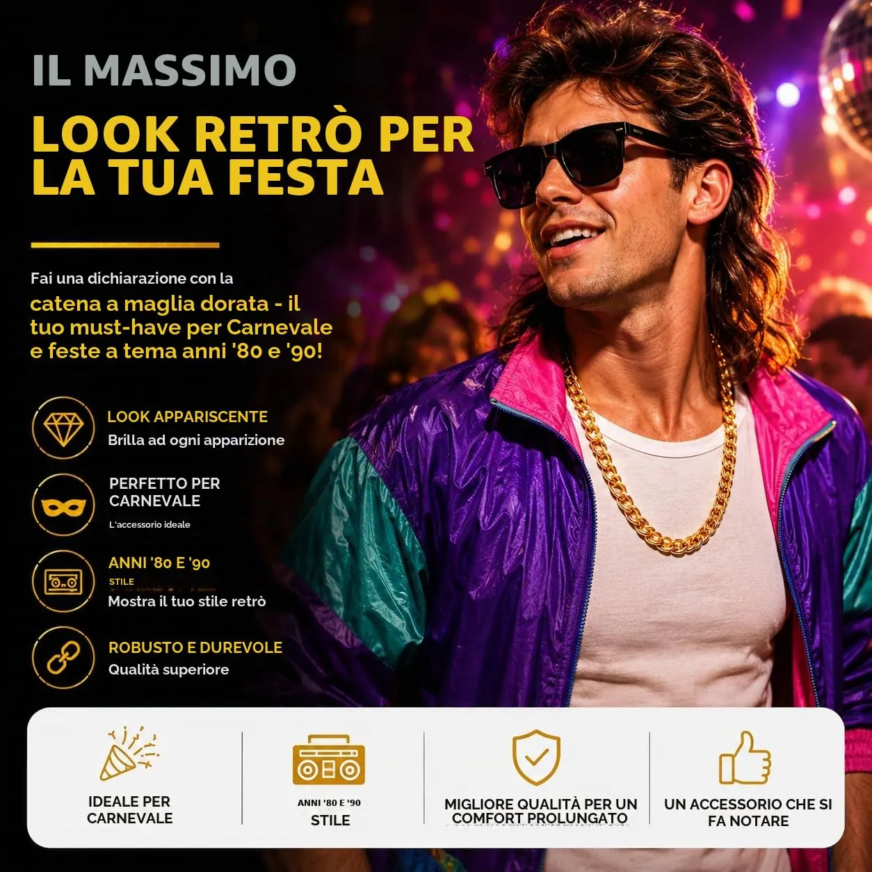 FASCHINFEVER Catenina in oro di circa 50 cm - catenina in oro - come accessorio per abiti eleganti e carnevale - motto anni '80 e '90 - come mullet e gangster - immagine 2
