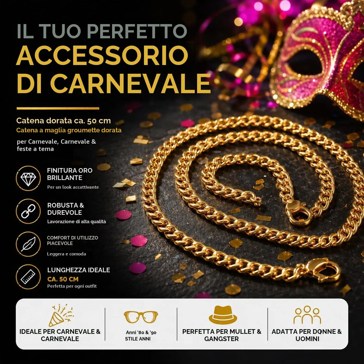 FASCHINFEVER Catenina in oro di circa 50 cm - catenina in oro - come accessorio per abiti eleganti e carnevale - motto anni '80 e '90 - come mullet e gangster - immagine 3