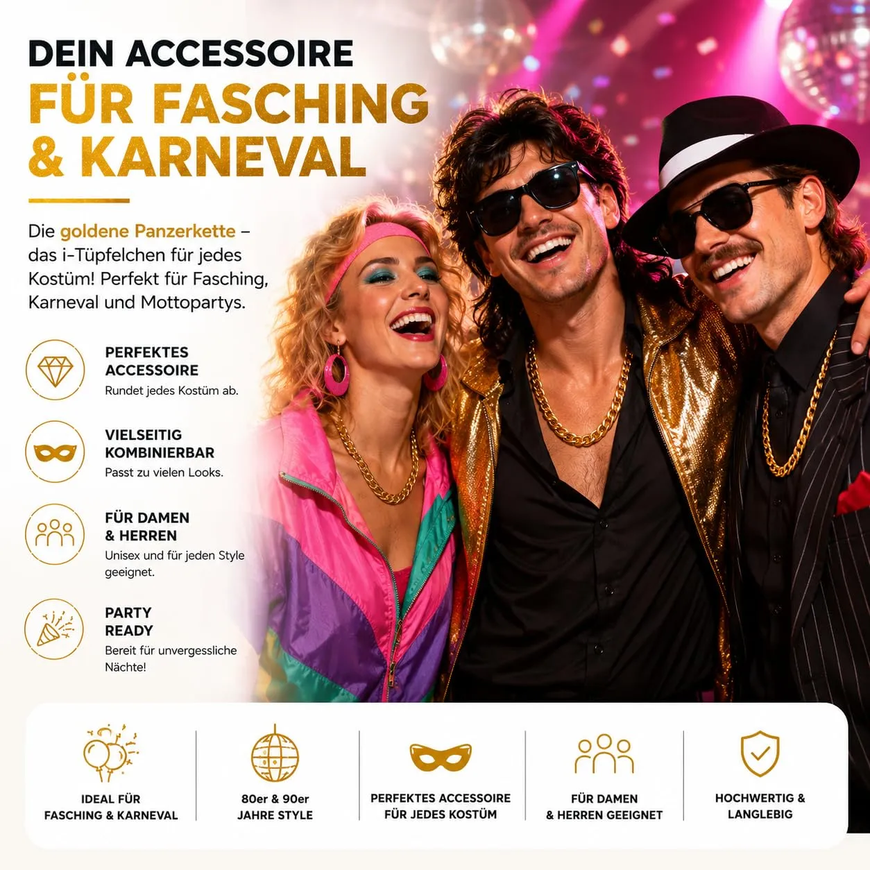 FASCHINFEVER Catenina in oro di circa 50 cm - catenina in oro - come accessorio per abiti eleganti e carnevale - motto anni '80 e '90 - come mullet e gangster - immagine 5