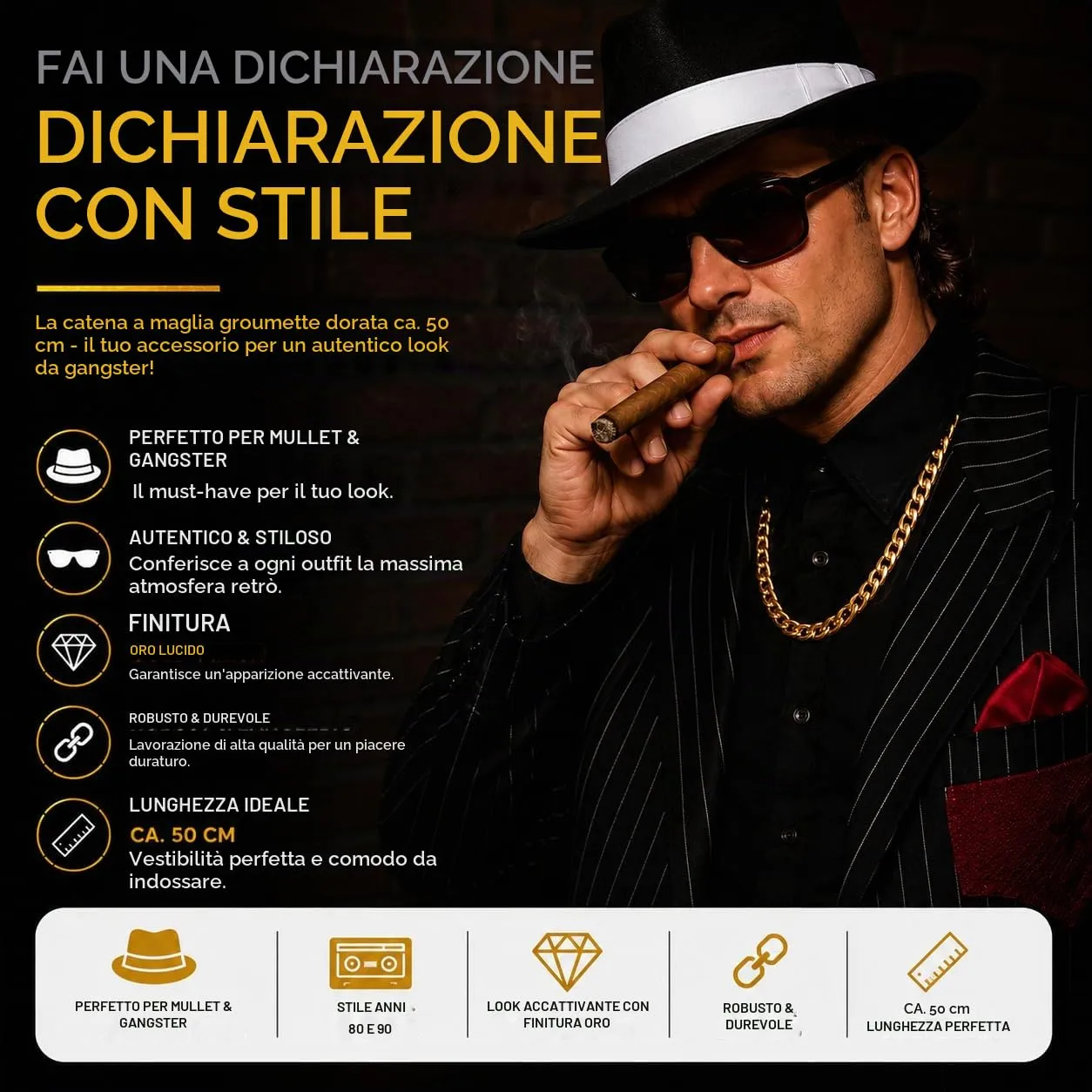 FASCHINFEVER Catenina in oro di circa 50 cm - catenina in oro - come accessorio per abiti eleganti e carnevale - motto anni '80 e '90 - come mullet e gangster - immagine 7