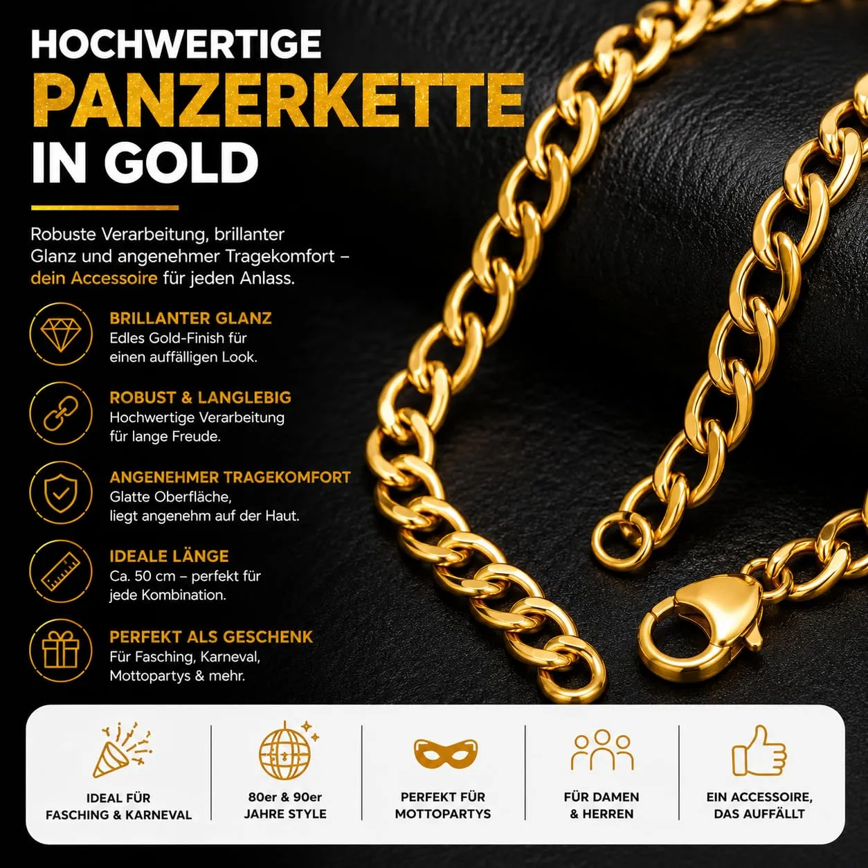 FASCHINFEVER Catenina in oro di circa 50 cm - catenina in oro - come accessorio per abiti eleganti e carnevale - motto anni '80 e '90 - come mullet e gangster - immagine 8